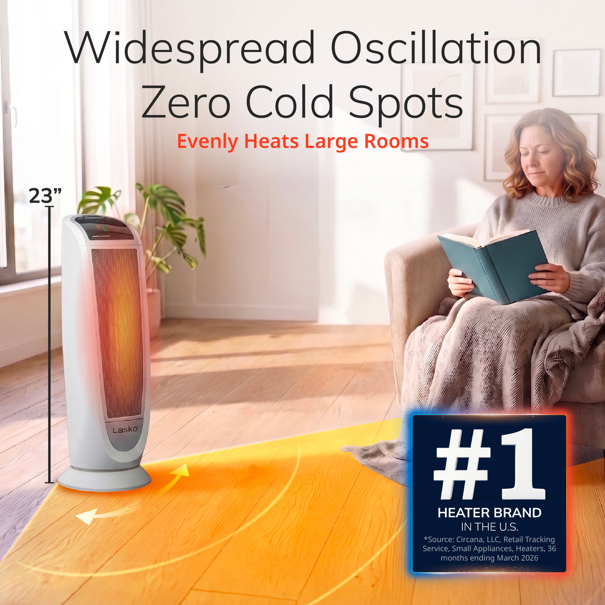 Lasko 23" Ceramic Tower Space Heater: Oscillating, 2 Heat Settings, Remote, Timer, Thermostat