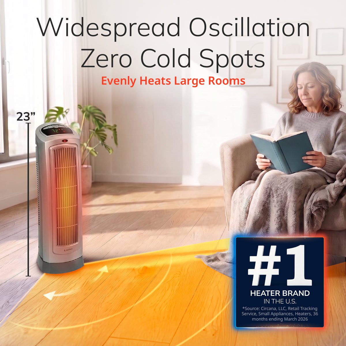 Lasko 23" Ceramic Tower Space Heater: Oscillating, 2 Heat Settings, Remote, Timer, Thermostat