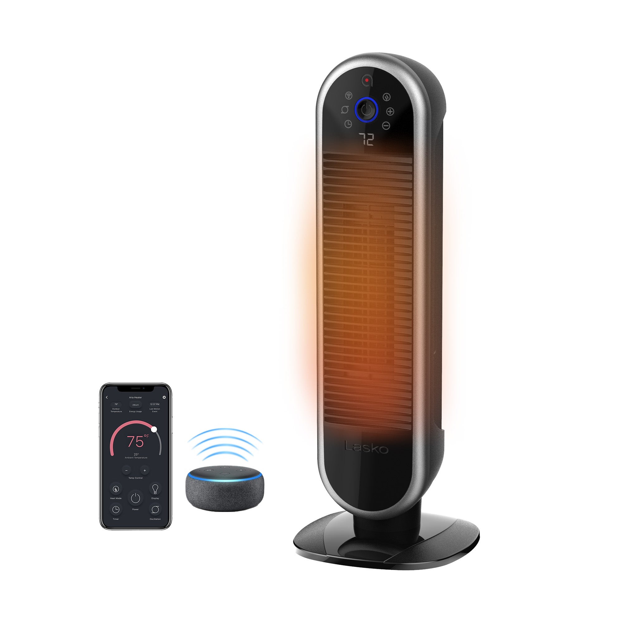 Lasko 22" Smart Ceramic Tower Space Heater: Oscillating, 3 Heat Settings, WiFi, Alexa/Google Enabled, Tip-Over Switch