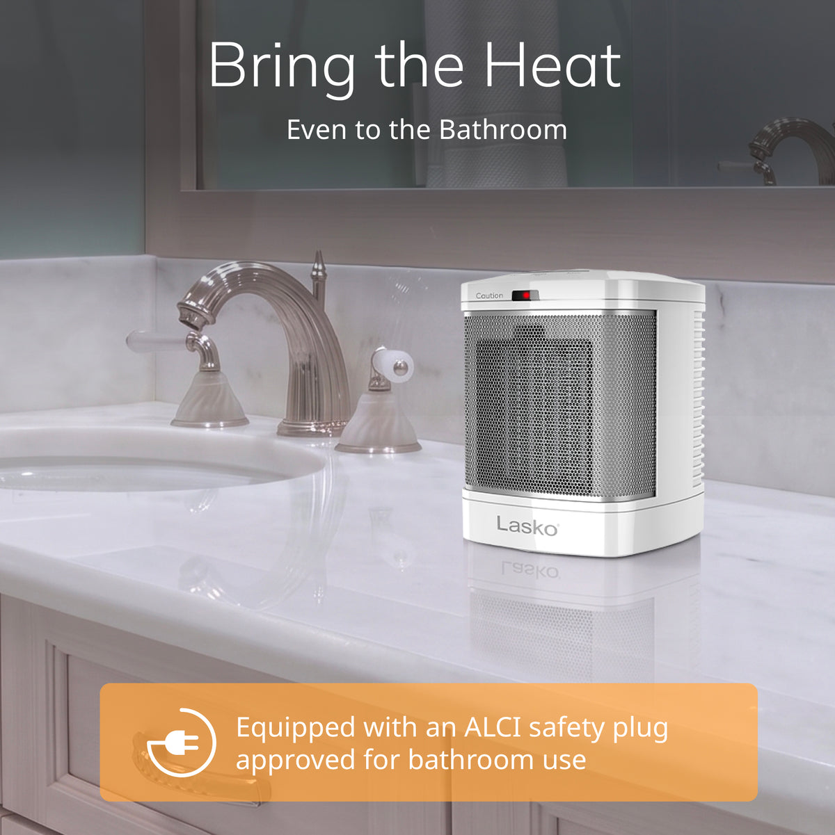 Lasko 8" Bathroom Ceramic Space Heater: 2 Heat Settings, ALCI Safety Plug, Timer