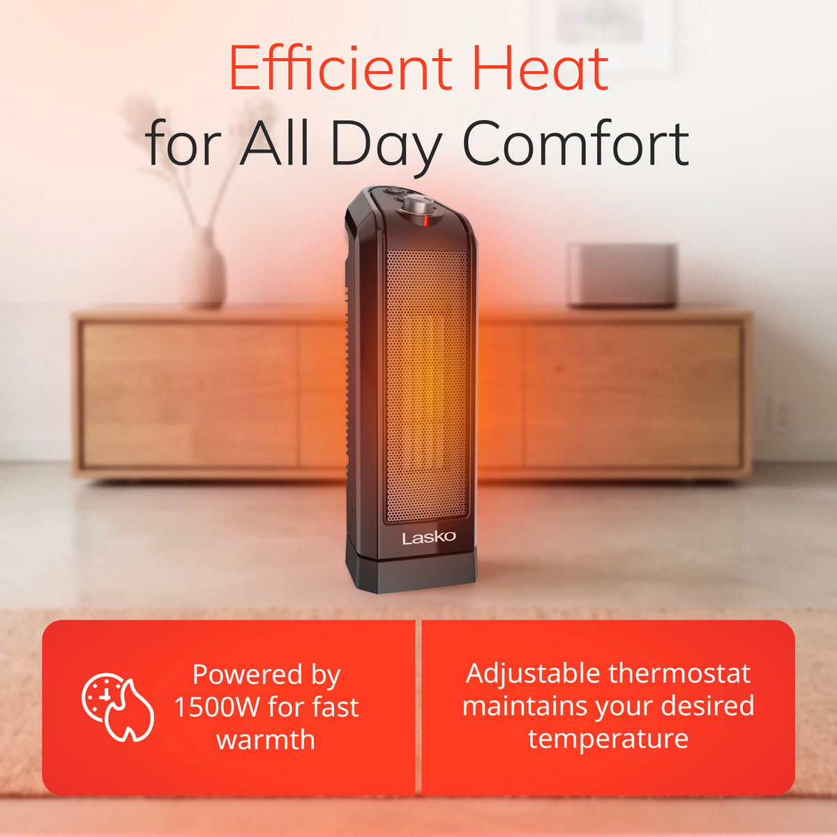 Lasko 16" Ceramic Tower Space Heater: Oscillating, 2 Heat Settings, Thermostat
