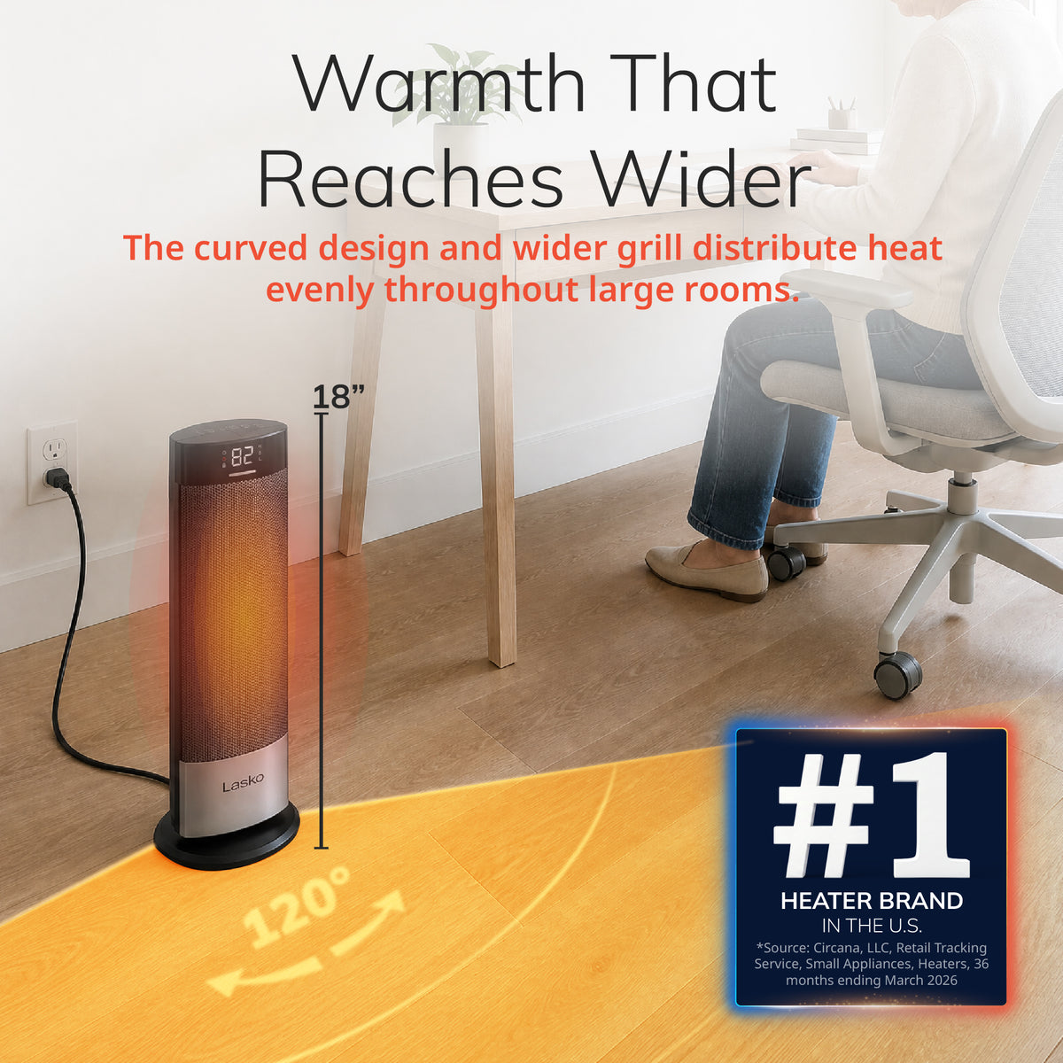 Lasko Ellipse 18" Ceramic Tower Space Heater: Oscillating, 3 Heat Settings, Remote, Timer, Tip-Over Switch, Child Lock, Thermostat