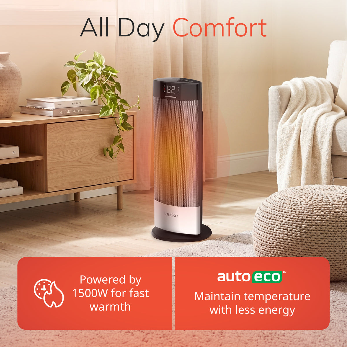 Lasko Ellipse 18" Ceramic Tower Space Heater: Oscillating, 3 Heat Settings, Remote, Timer, Tip-Over Switch, Child Lock, Thermostat