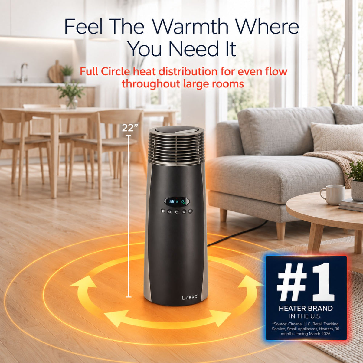 Lasko 22" Ceramic Tower Space Heater: Oscillating, 2 Heat Settings, Remote, Thermostat