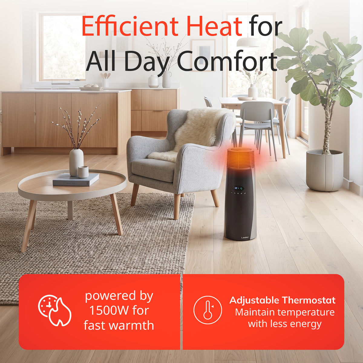 Lasko 22" Ceramic Tower Space Heater: Oscillating, 2 Heat Settings, Remote, Thermostat