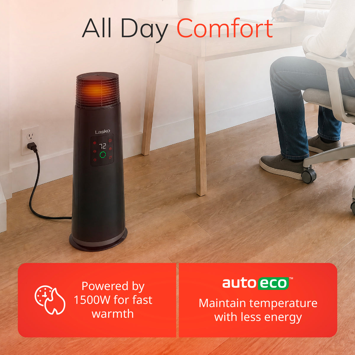 Lasko 24" Full-Circle Ceramic Tower Space Heater: Oscillating, 3 Heat Settings, Remote, Timer, Tip-Over Switch, Thermostat, Black