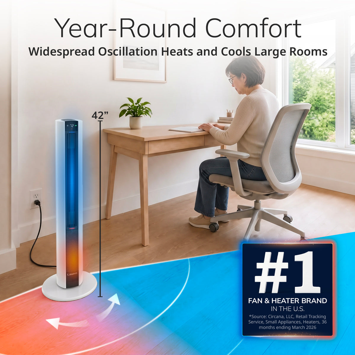 Lasko DUO Comfort 42" Tower Fan and Ceramic Space Heater: Oscillating, 3 Heat Settings, 4 Fan Speeds, Remote, Timer, Tip-Over Switch, White