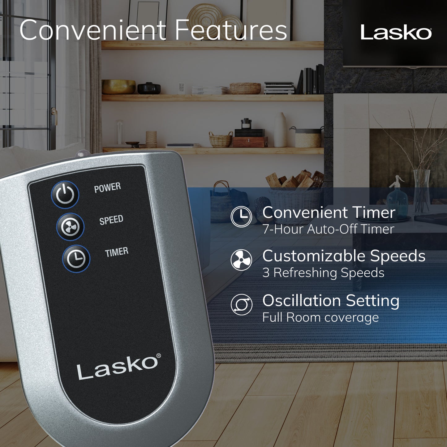 Lasko 20" Pedestal Fan: Oscillating, 4-Speed, Remote, Timer, Black