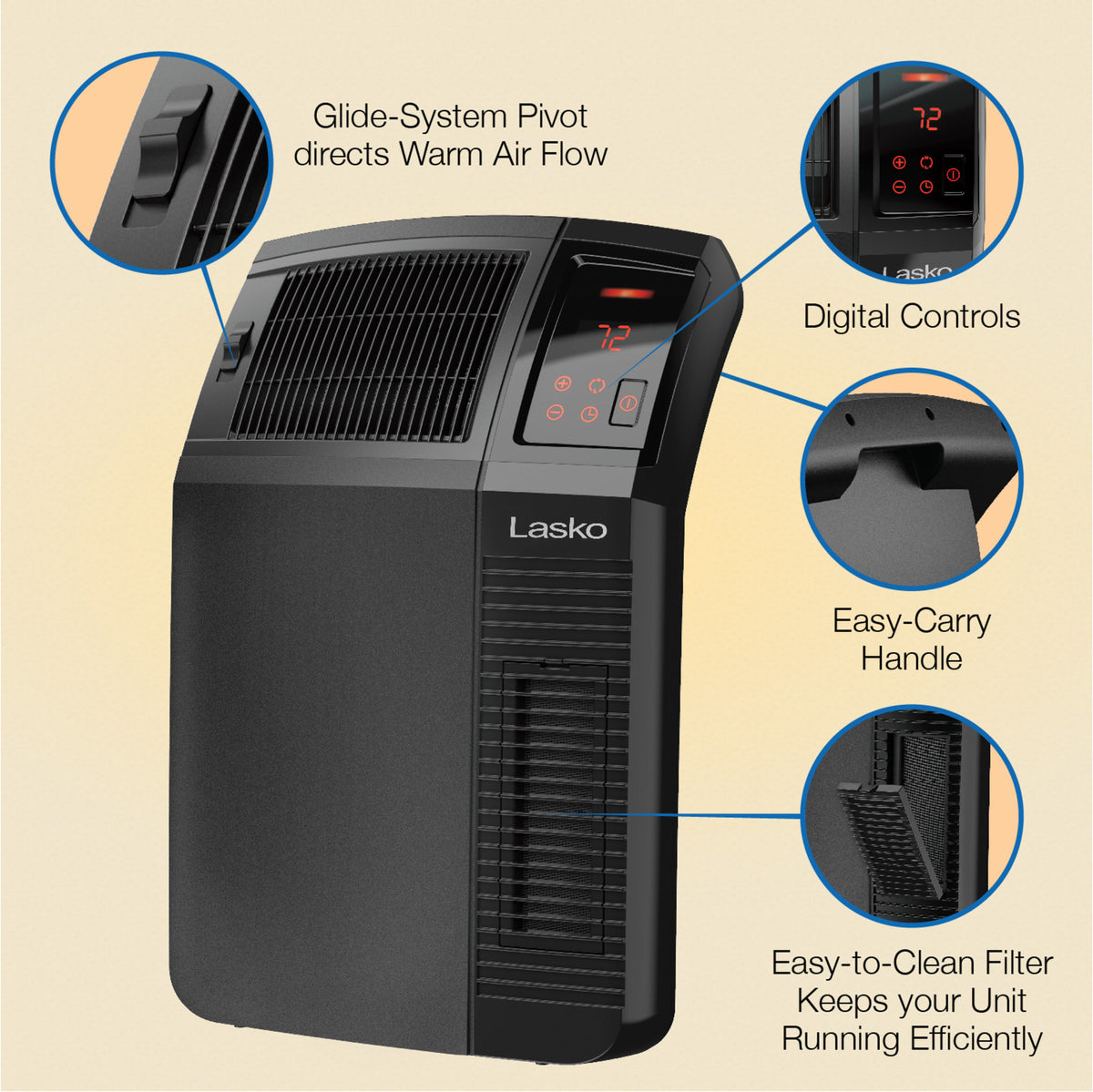 Lasko 23" Ceramic Console Space Heater: 2 Heat Settings, Timer, Adjustable Louvers, Thermostat, Black
