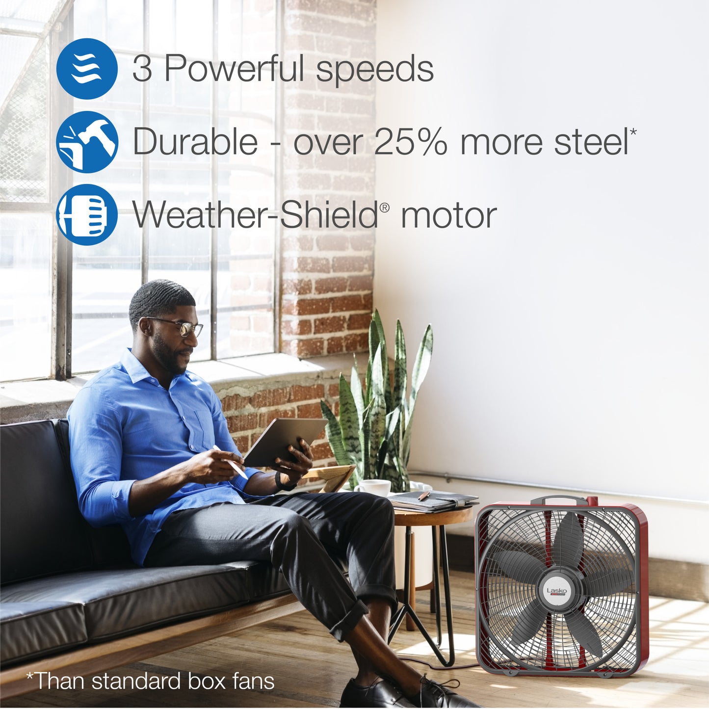 Lasko Pro Power 20" Box Fan: 3-Speed, Weather-Resistant Motor, Red