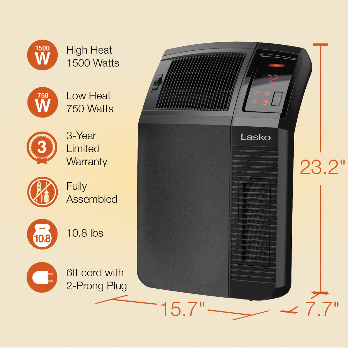 Lasko 23" Ceramic Console Space Heater: 2 Heat Settings, Timer, Adjustable Louvers, Thermostat, Black