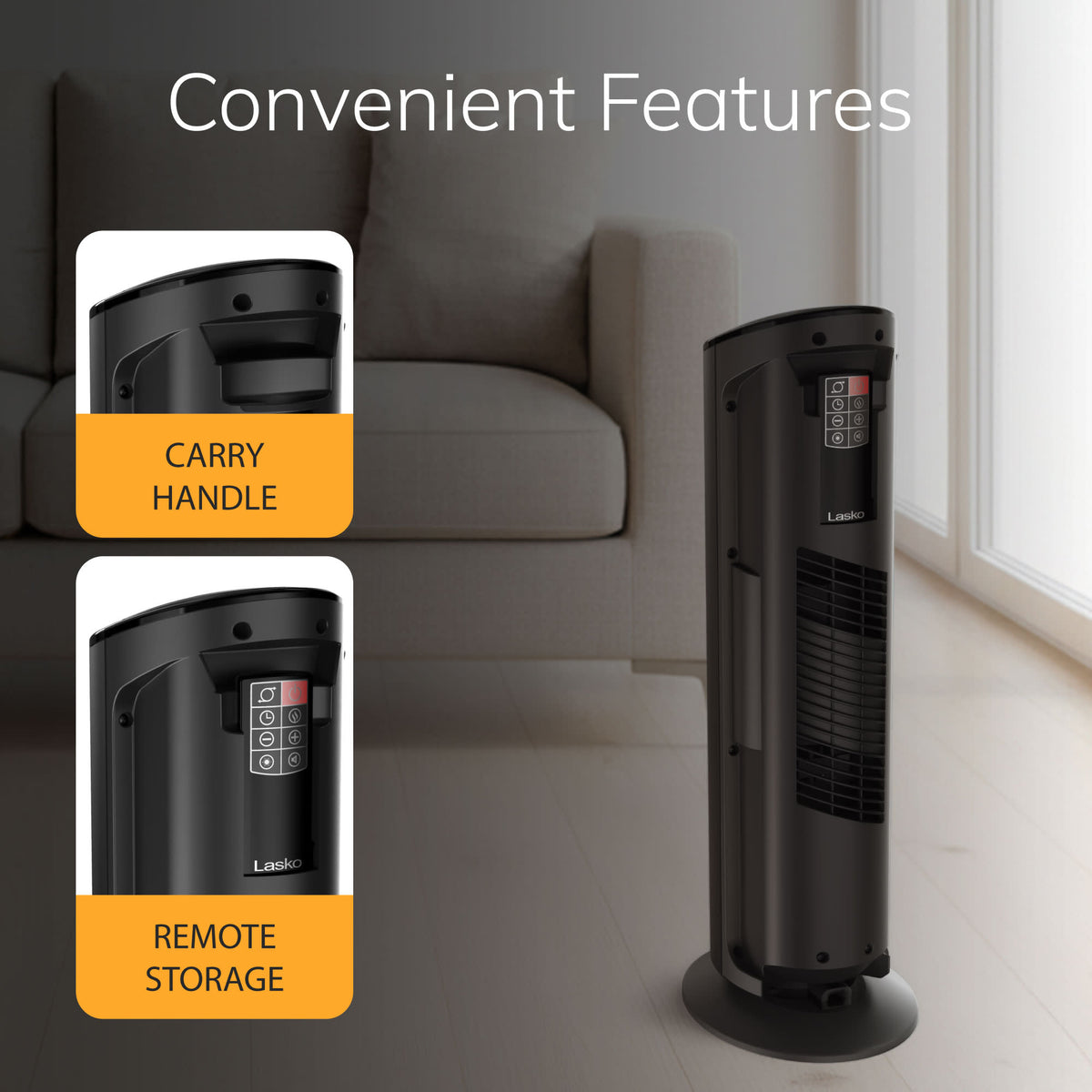 Lasko 22" Ceramic Tower Space Heater: Oscillating, 3 Heat Settings, Remote, Timer, Tip-Over Switch, Child Lock, Thermostat, Black
