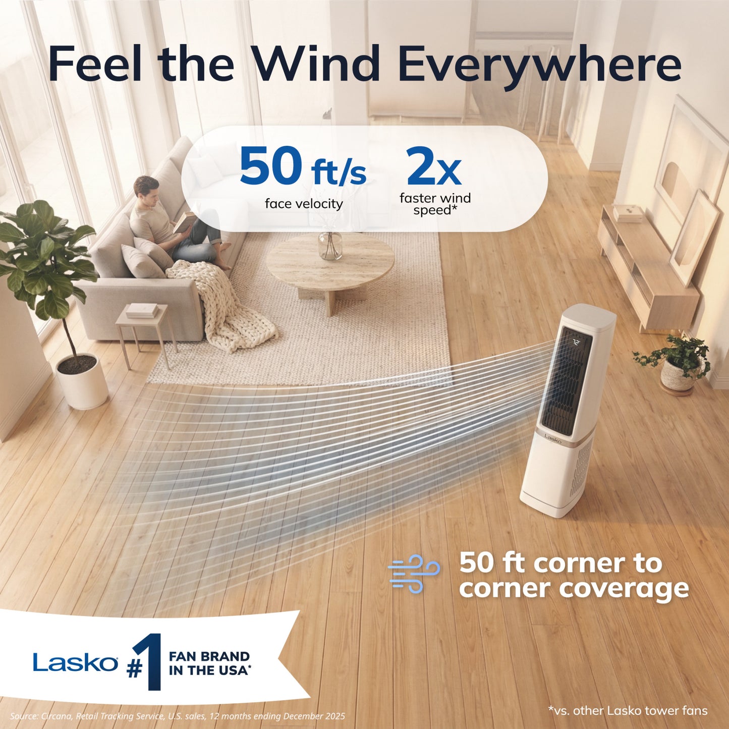 Lasko Stratus 35" DC Tower Fan: Oscillating, 12-Speed, High Velocity, Remote, White