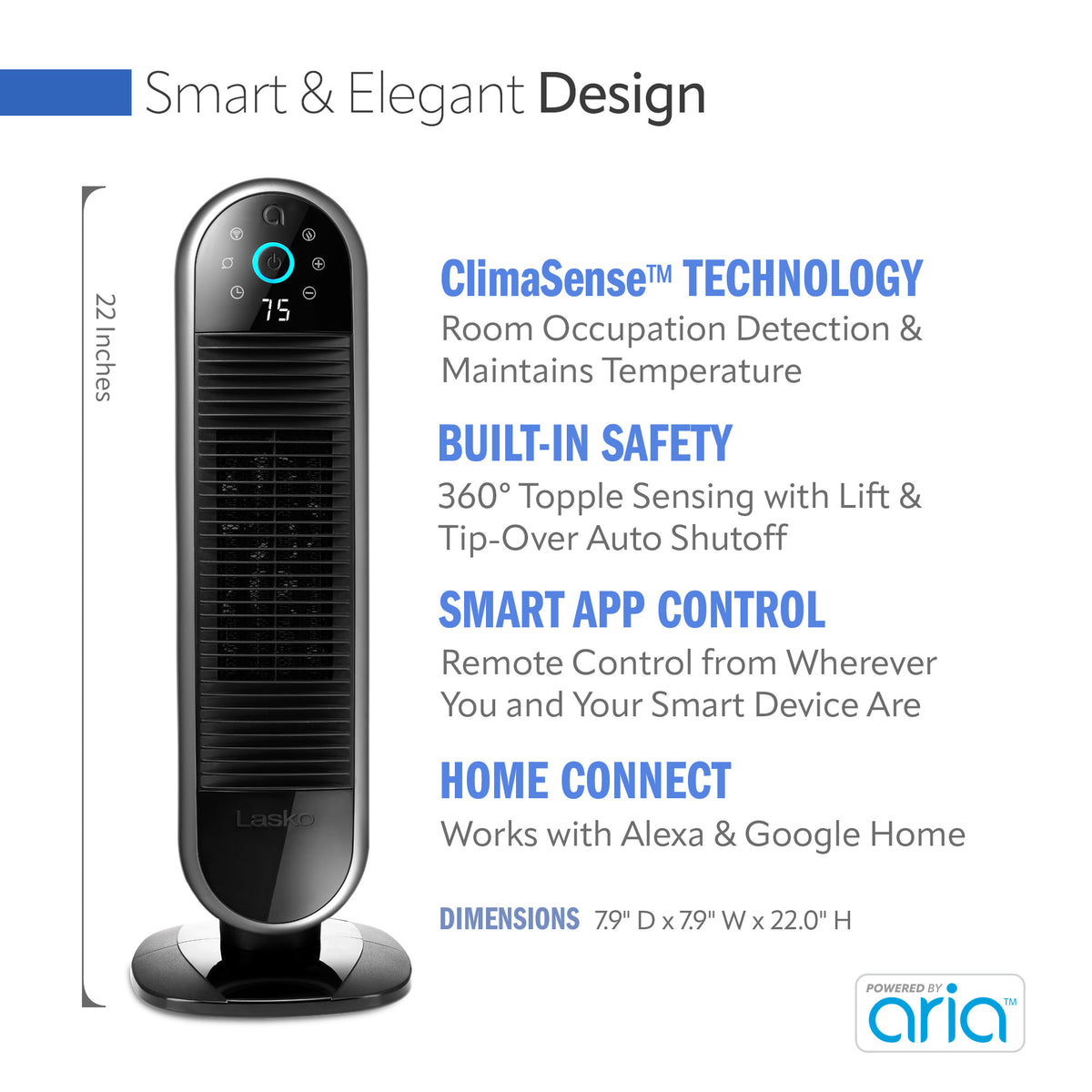 Lasko 22" Smart Ceramic Tower Space Heater: Oscillating, 3 Heat Settings, WiFi, Alexa/Google Enabled, Tip-Over Switch