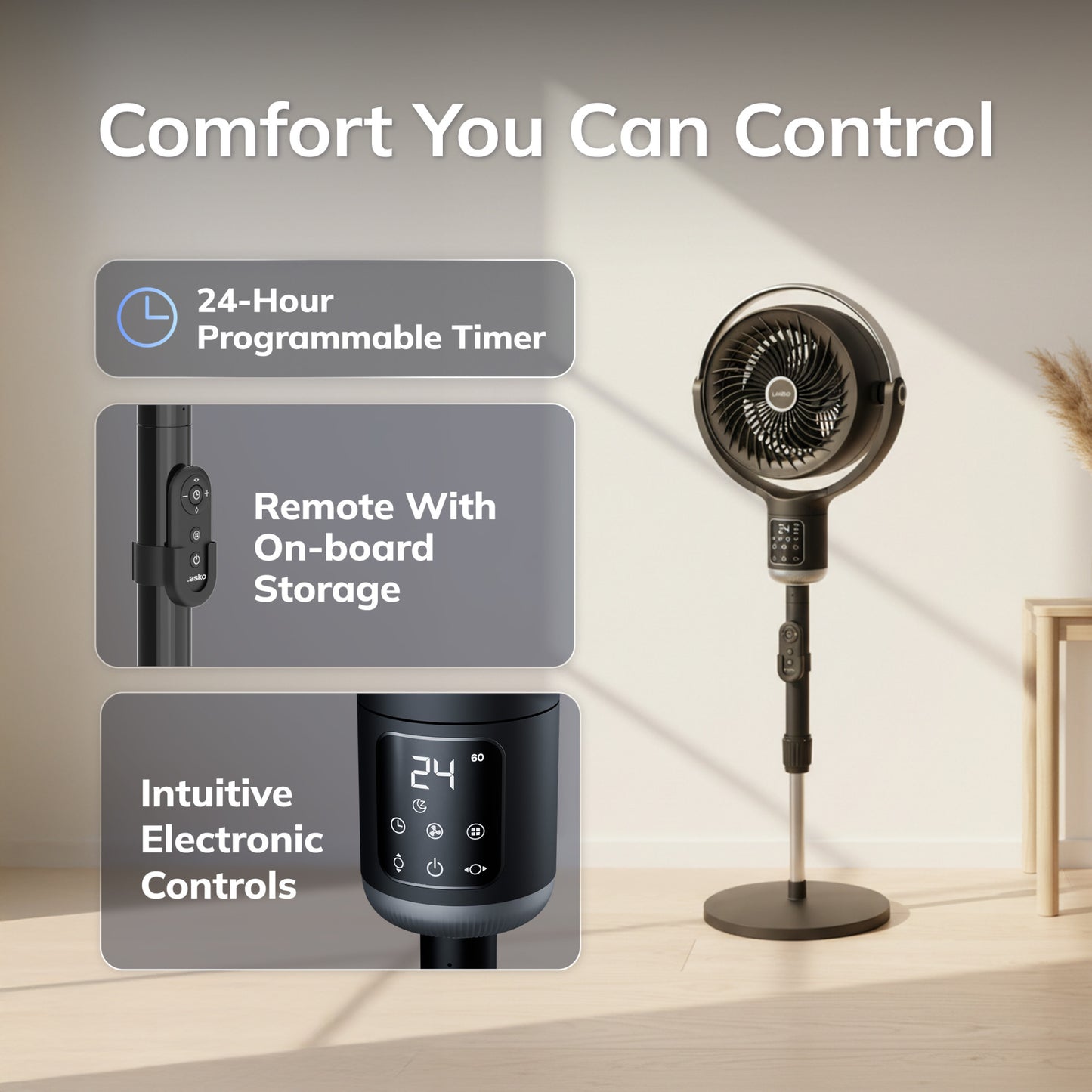Lasko Whirlwind 7" DC Pedestal Fan: Dual Oscillation, 24-Speed, Remote, Timer, Black