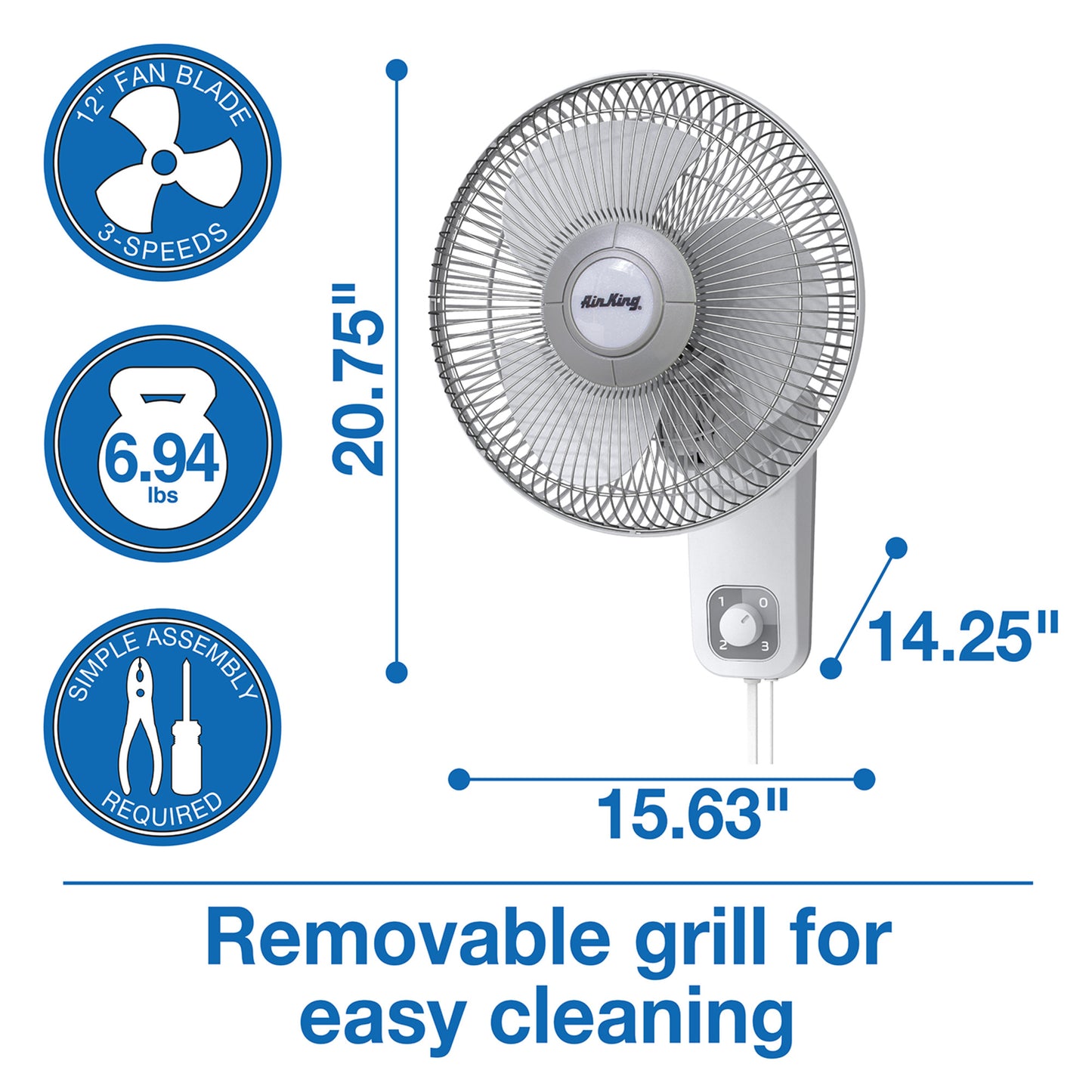 Air King 1/50 HP 12" Commercial Grade Wall Mount Fan: Oscillating, 3-Speed, Gray