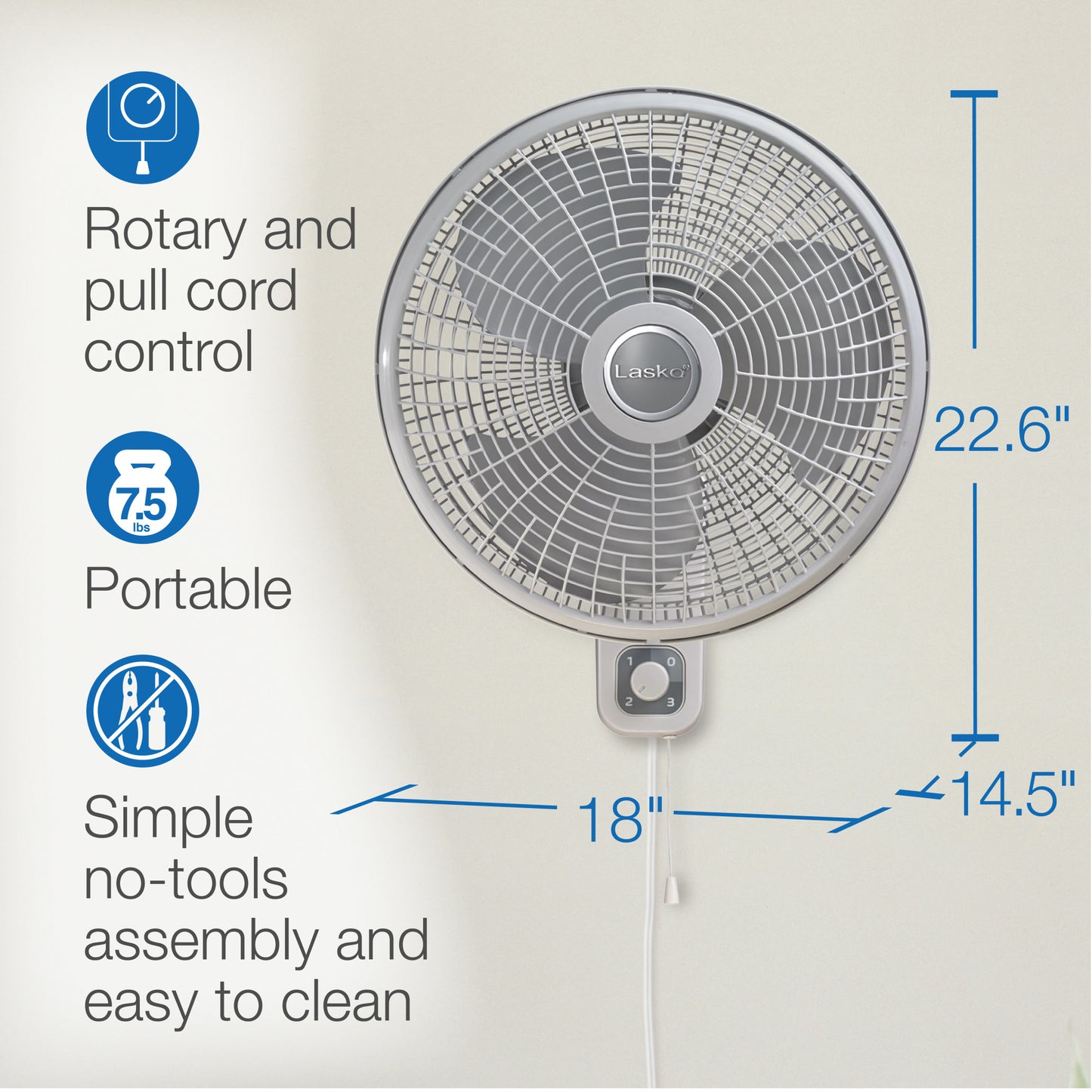 Lasko 16" Wall Mount Fan: Oscillating, 3-Speed, Tilting Head, White
