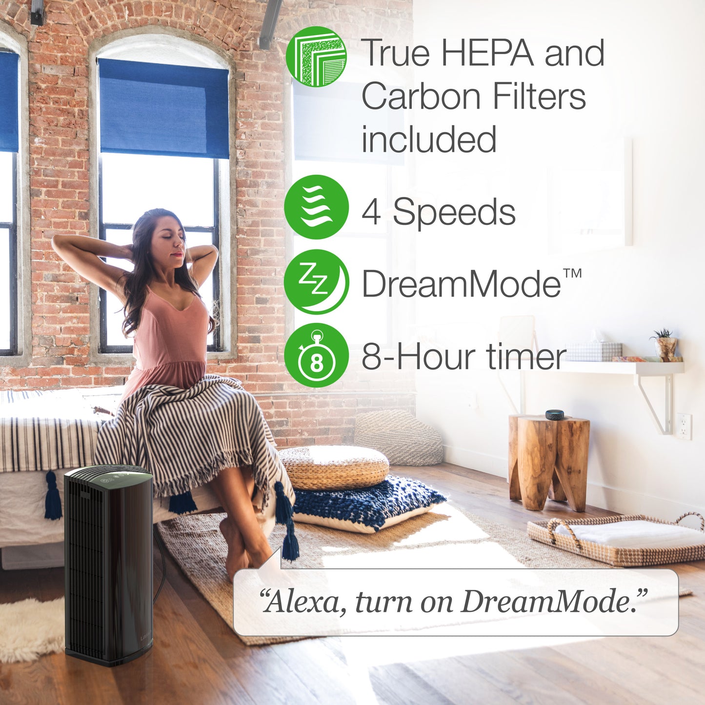 Lasko Smart Air Purifier with True HEPA Filter, Works with Alexa, LP450S, Black