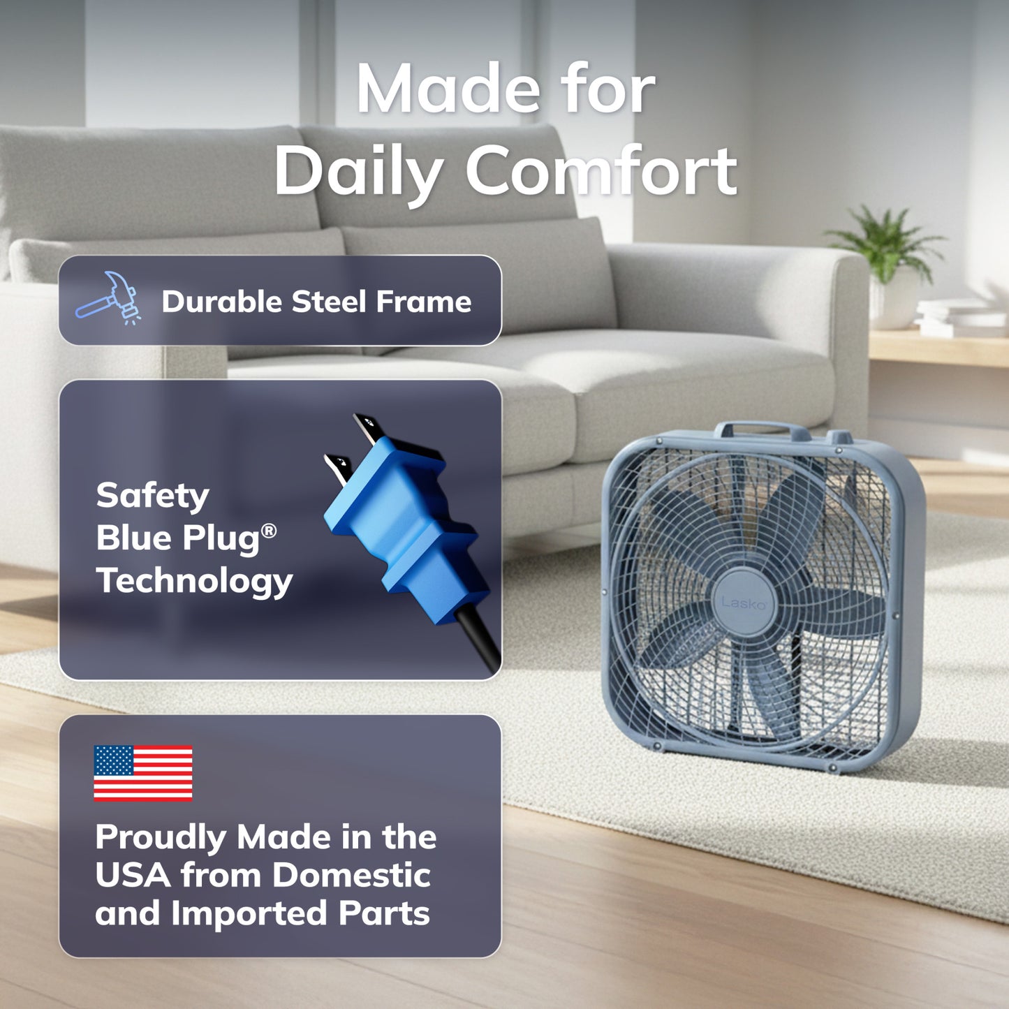 Lasko Cool Colors 20" Box Fan: 3-Speed, Weather-Resistant Motor, Laguna Blue