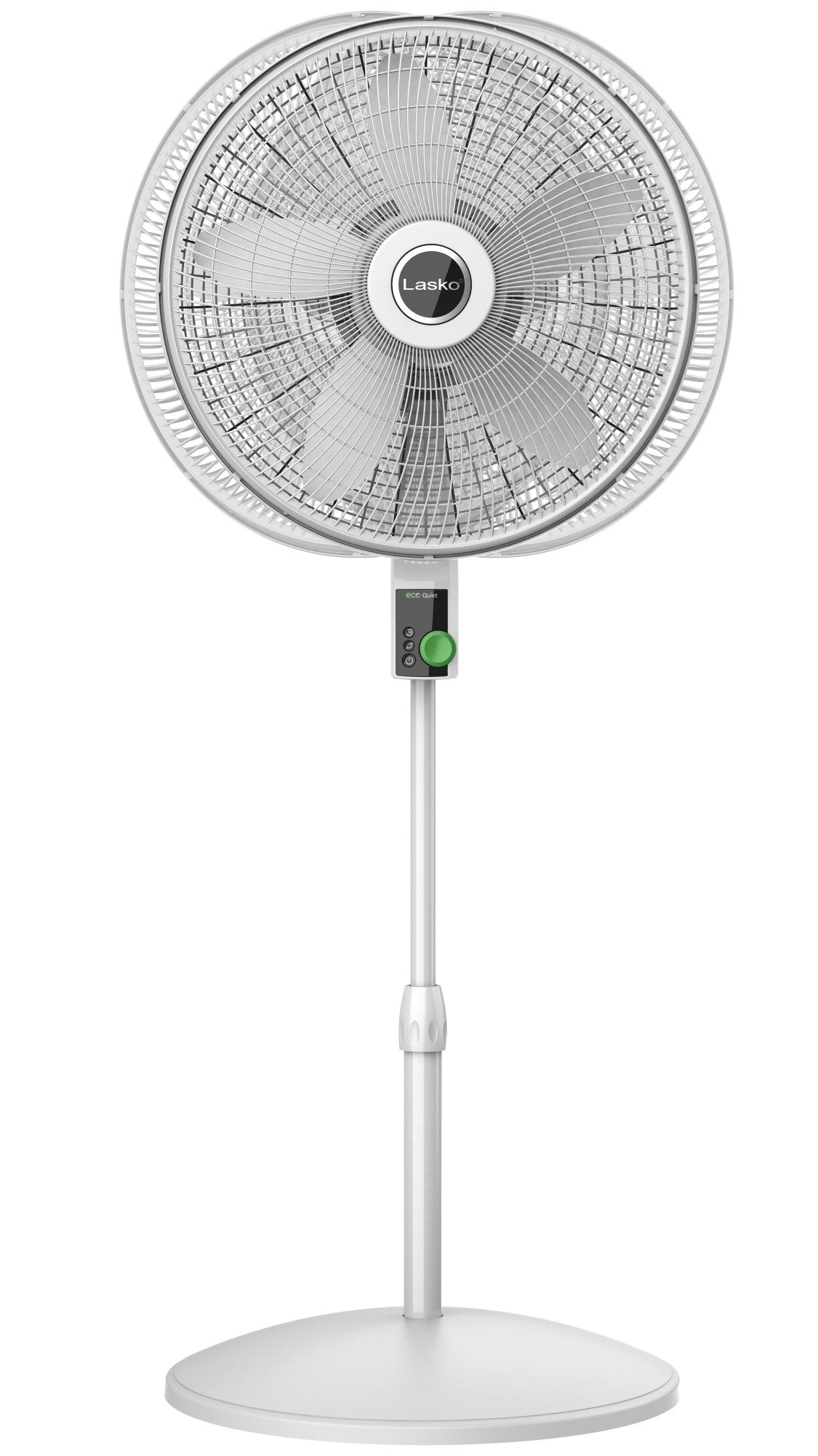 Lasko EcoQuiet 18" DC Pedestal Fan: Oscillating, 12-Speed, Remote, White