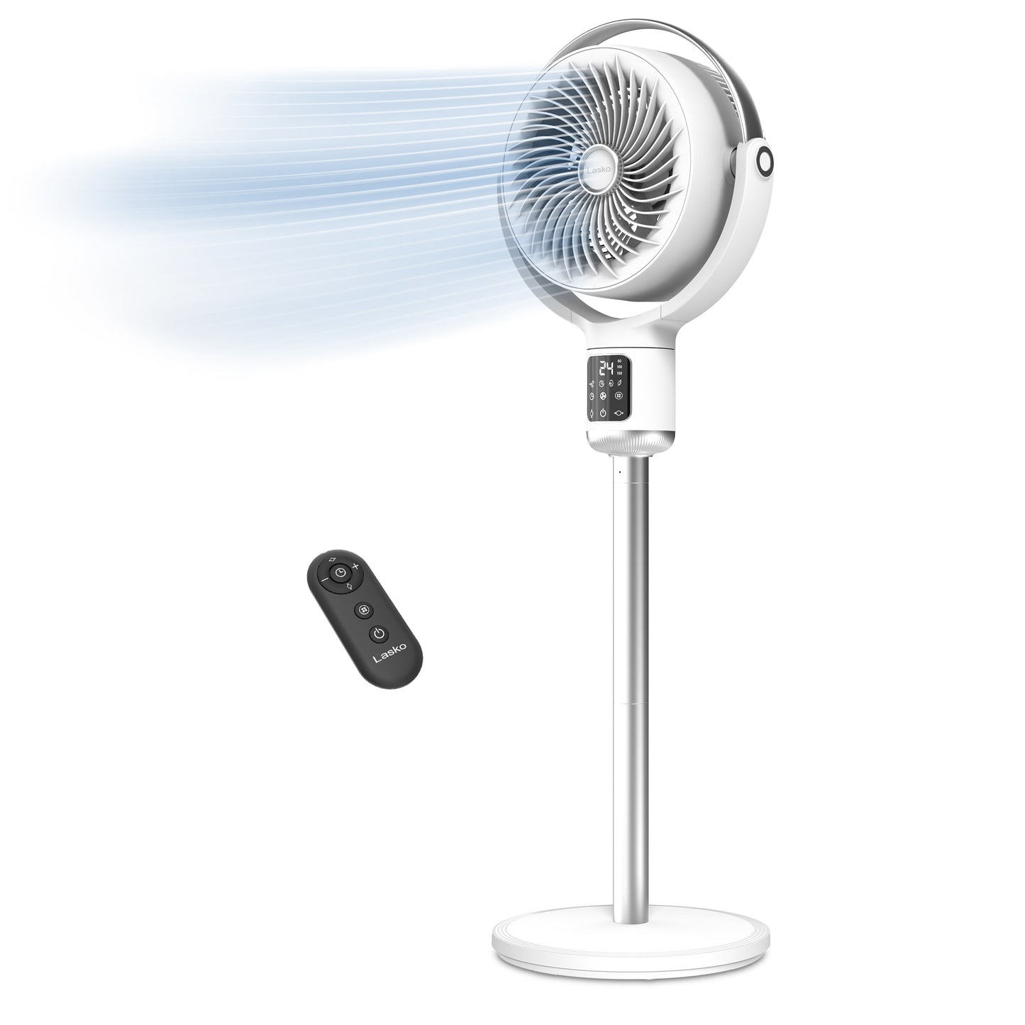 Lasko Whirlwind 7" DC Pedestal Fan: Dual Oscillation, 24-Speed, Remote, Timer, White