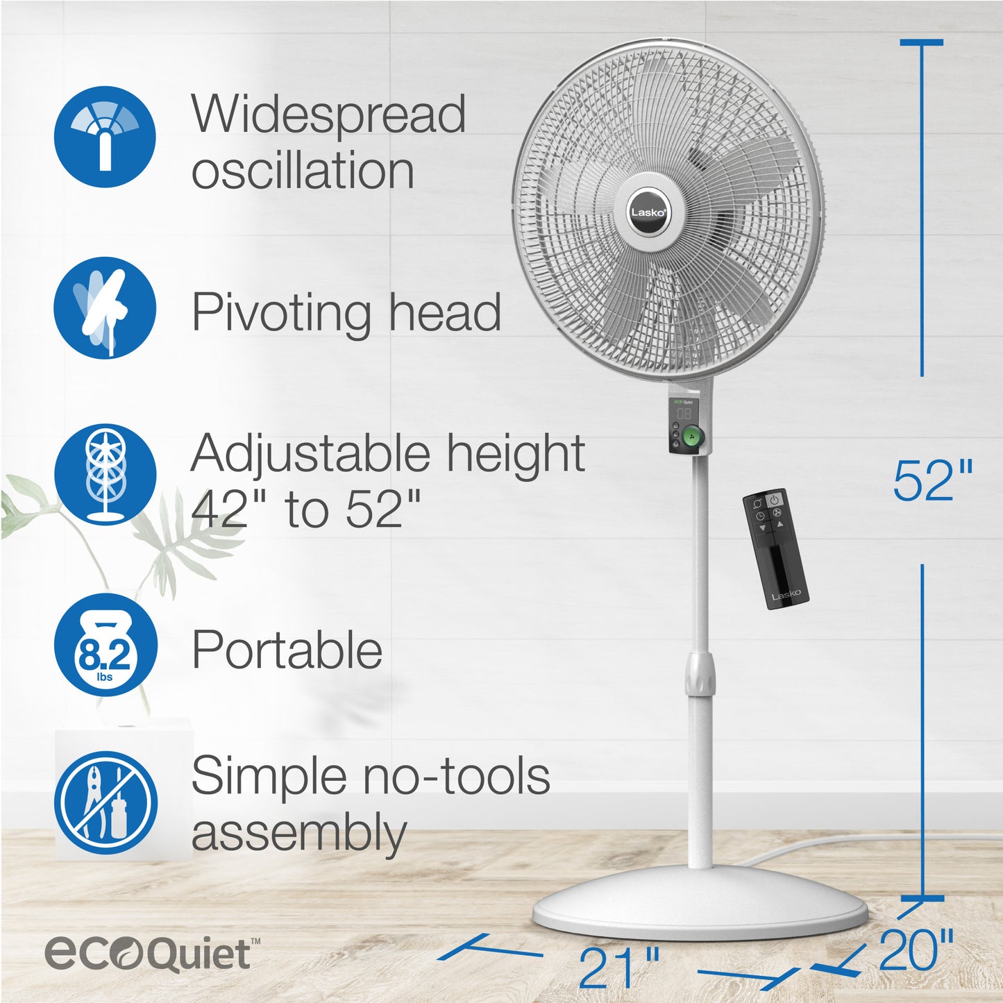 Lasko EcoQuiet 18" DC Pedestal Fan: Oscillating, 12-Speed, Remote, White