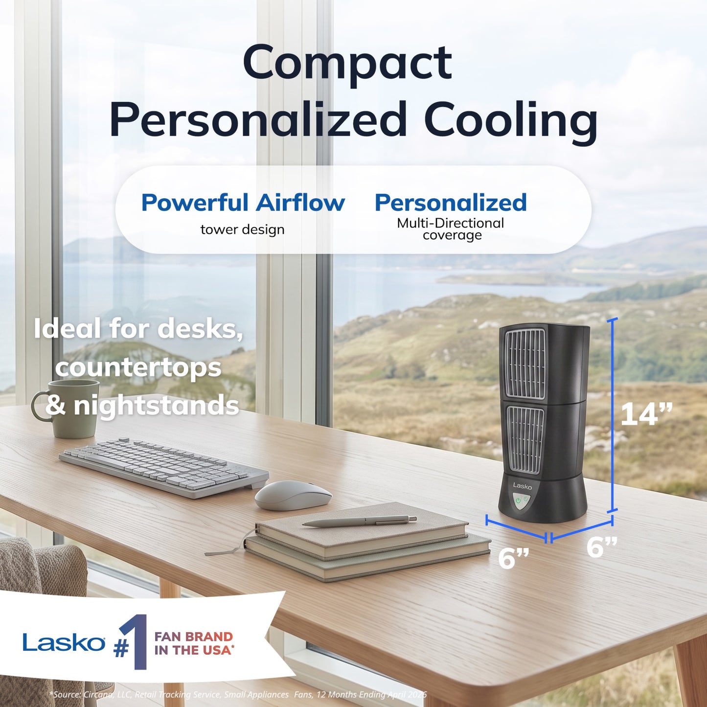 Lasko Wind Tower 14" Table Fan: Oscillating, 3-Speed, Pivoting, Black