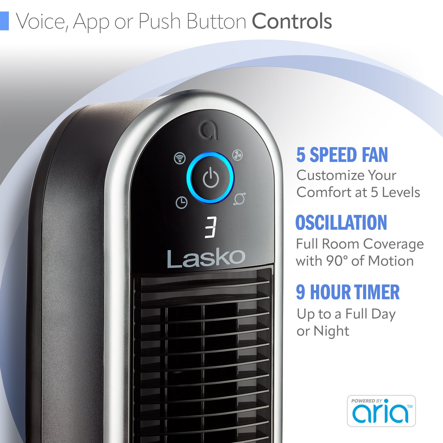 Lasko 40" Smart Tower Fan: Oscillating, 5-Speed, Timer, Wi-Fi, Black