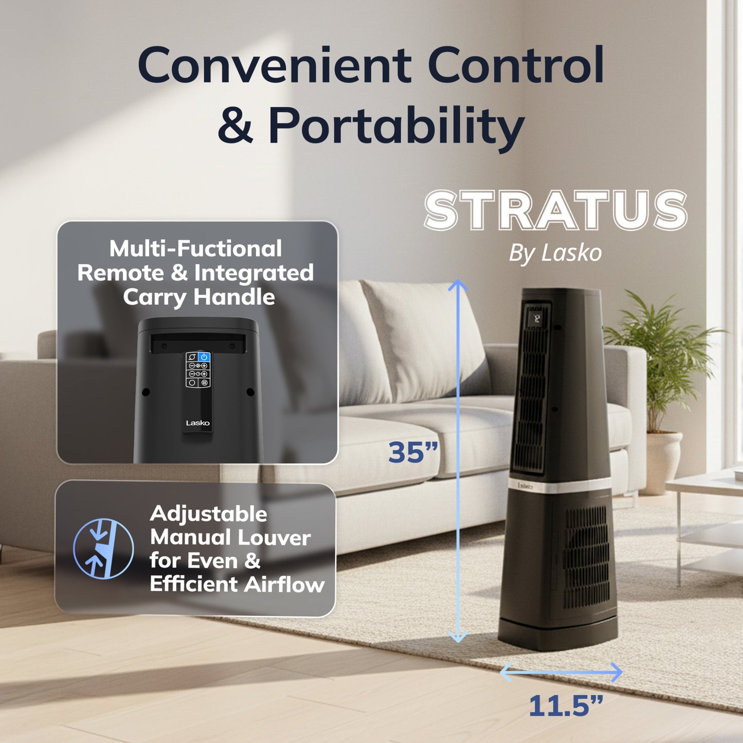 Lasko Stratus 35" DC Tower Fan: Oscillating, 12-Speed, High Velocity, Remote, Black