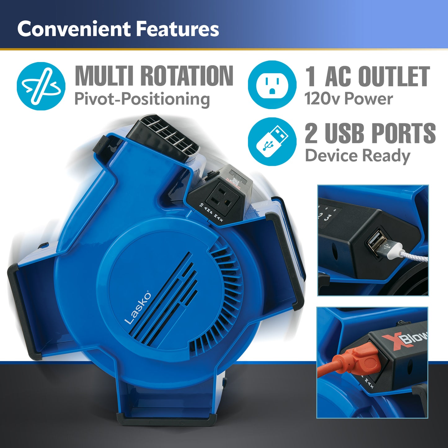 Lasko X-Blower 11" Air Mover Blower Fan: 3-Speed, High Velocity, 1 Outlet, Blue