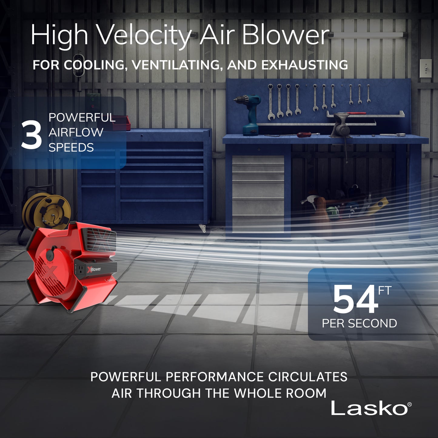 Lasko X-Blower 11" Air Mover Blower Fan: 3-Speed, High Velocity, 1 Outlet, Red