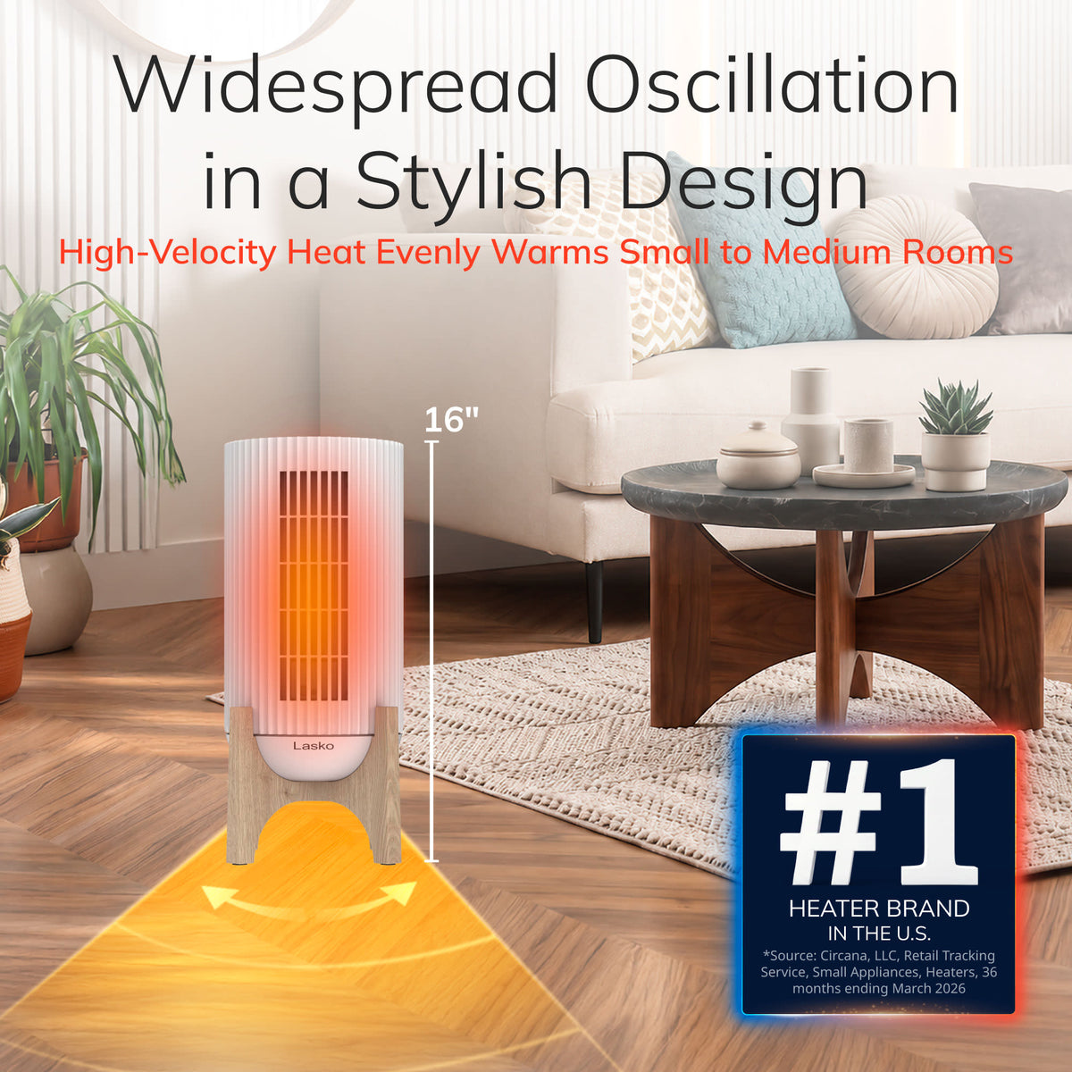 Lasko Artisan 16" Ceramic Tower Space Heater: Oscillating, 2 Heat Settings, Remote, Timer, Tip-Over Switch, Thermostat