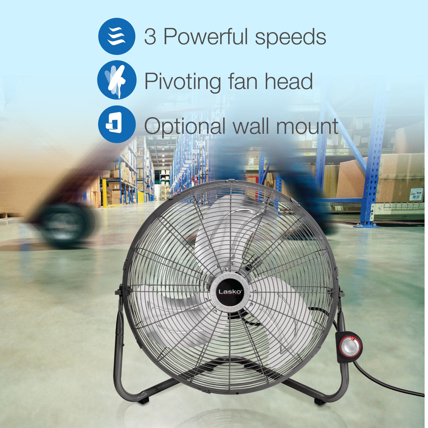 Lasko 20" High Velocity Floor Fan: Wall Mount, 3-Speed, Pivoting, Silver