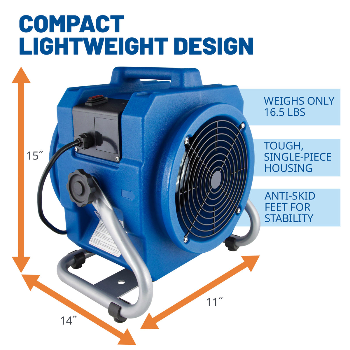 BlueDri 1/5 HP Axial Air Mover Blower Fan: 870 CFM, 2-speed