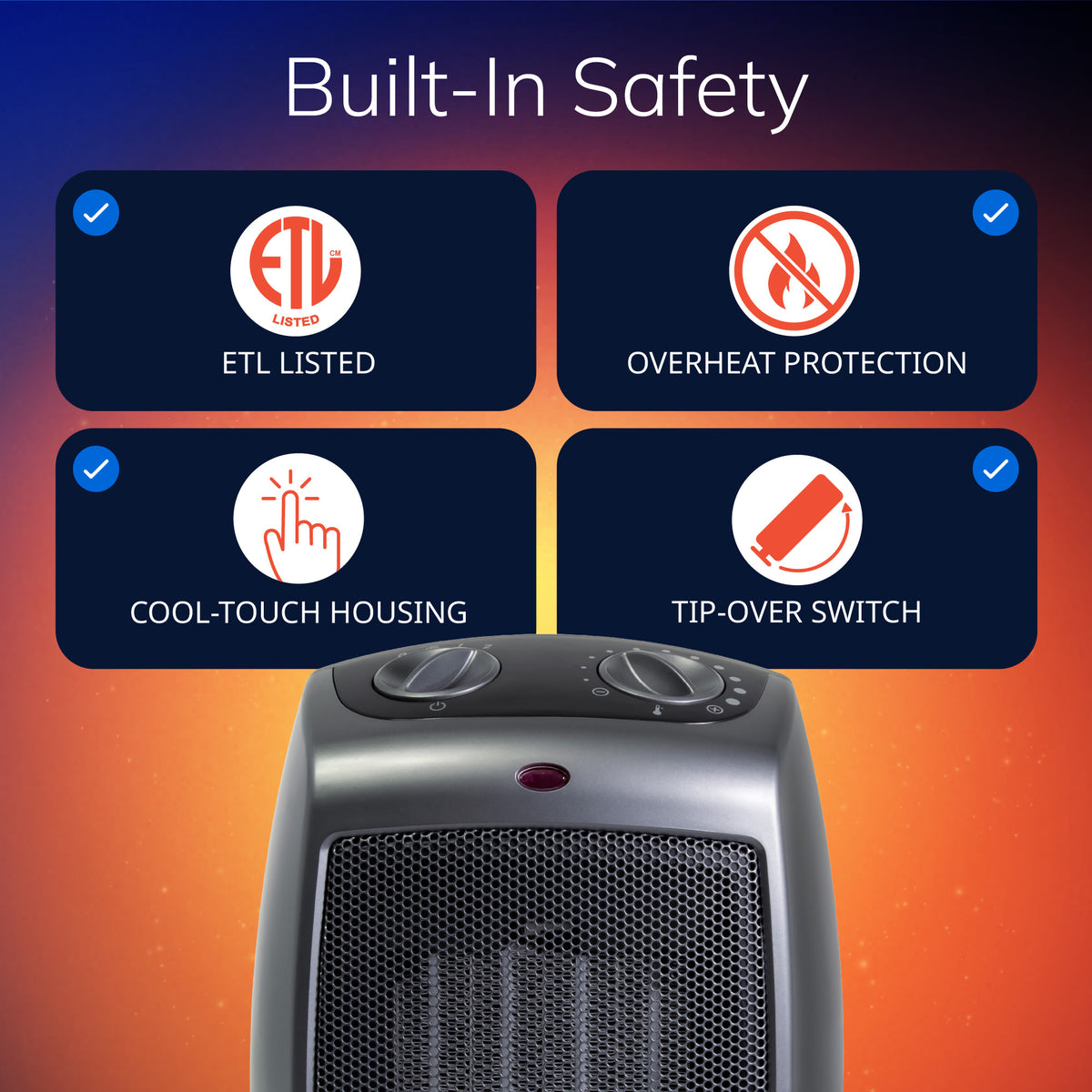 Lasko 9" Ceramic Space Heater: 2 Heat Settings, Tip-Over Switch, Thermostat