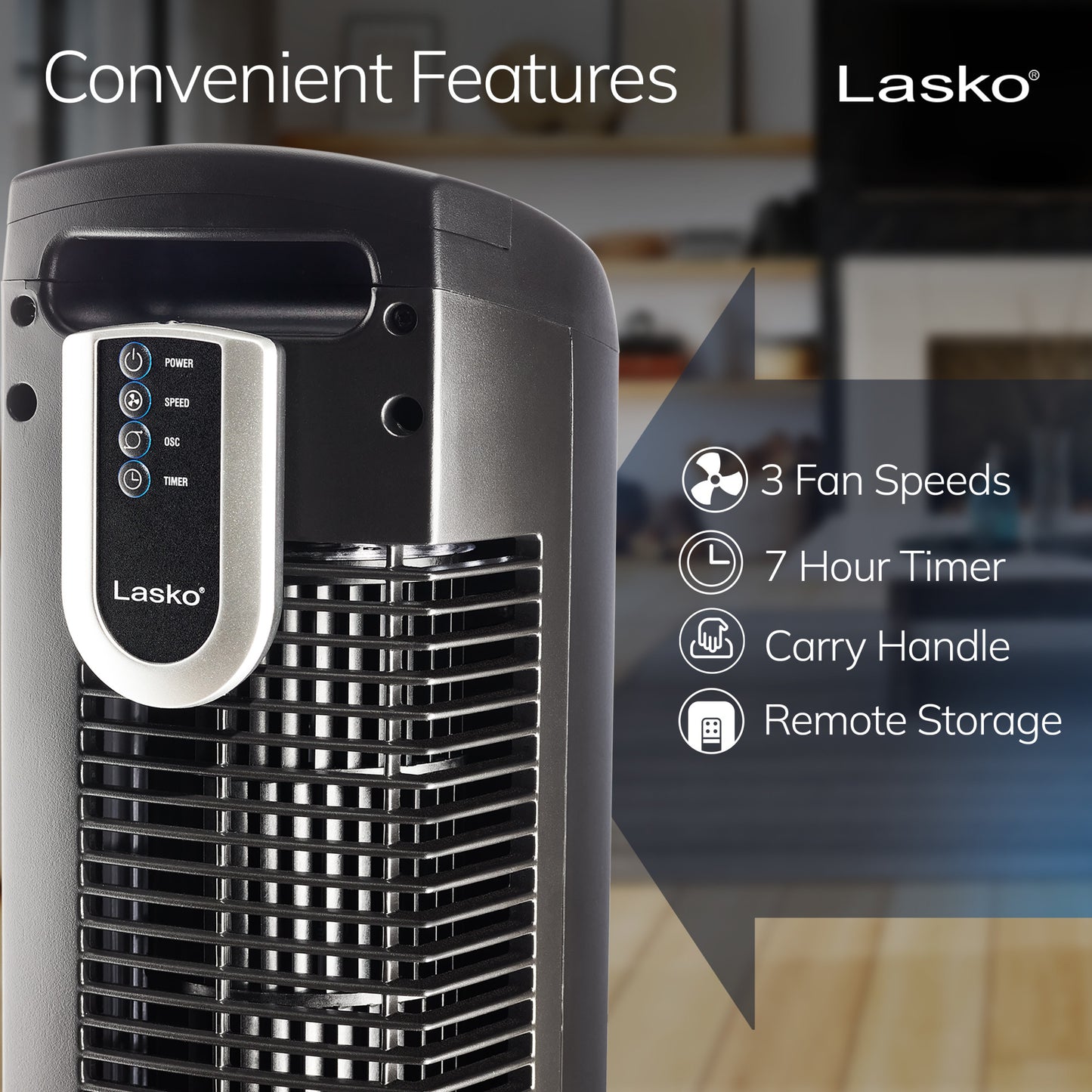 Lasko 36" Tower Fan: Oscillating, 3-Speed, Remote, Timer, Black
