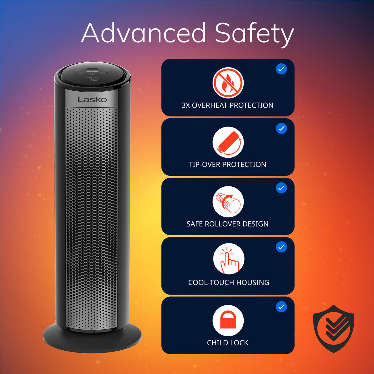 Lasko 22" Ceramic Tower Space Heater: Oscillating, 3 Heat Settings, Remote, Timer, Tip-Over Switch, Child Lock, Thermostat, Black