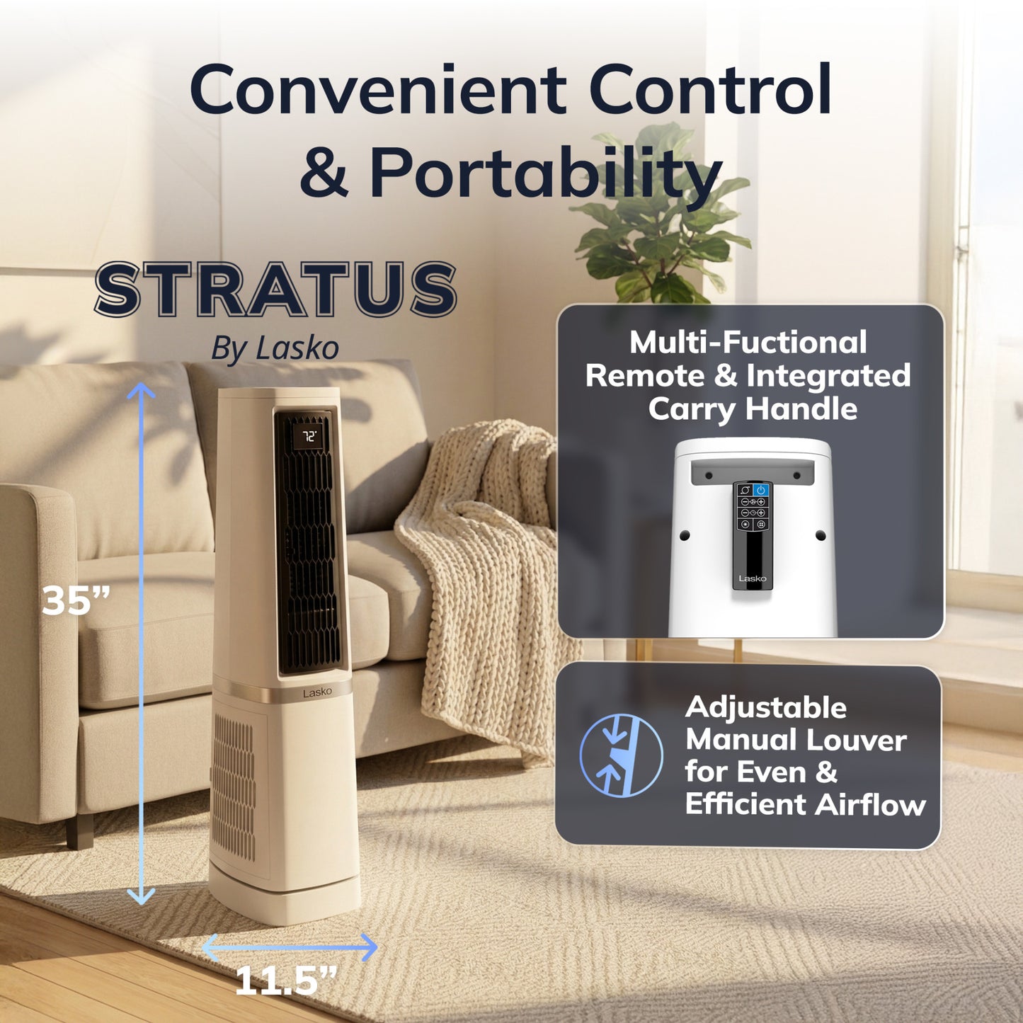 Lasko Stratus 35" DC Tower Fan: Oscillating, 12-Speed, High Velocity, Remote, White