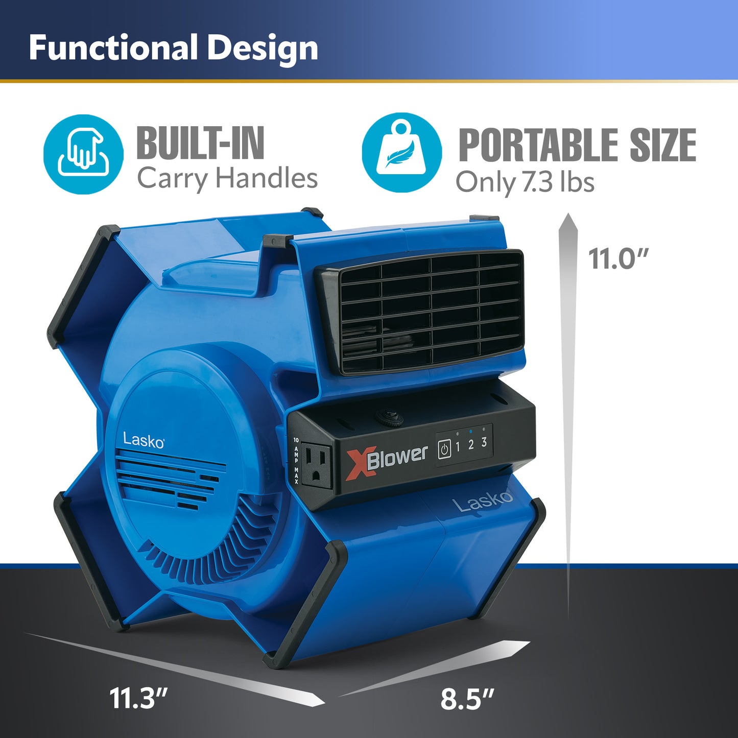 Lasko X-Blower 11" Air Mover Blower Fan: 3-Speed, High Velocity, 1 Outlet, Blue