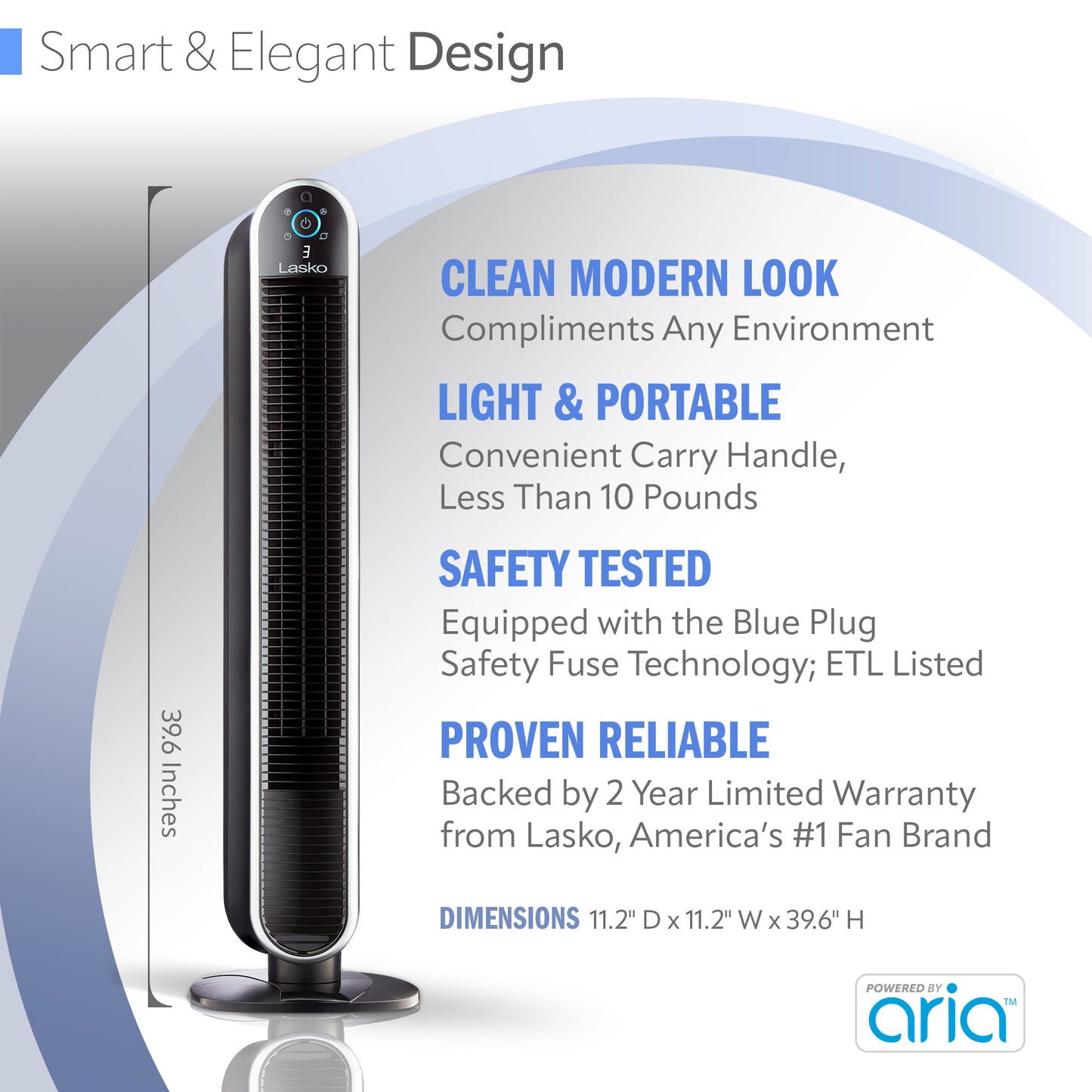 Lasko 40" Smart Tower Fan: Oscillating, 5-Speed, Timer, Wi-Fi, Black