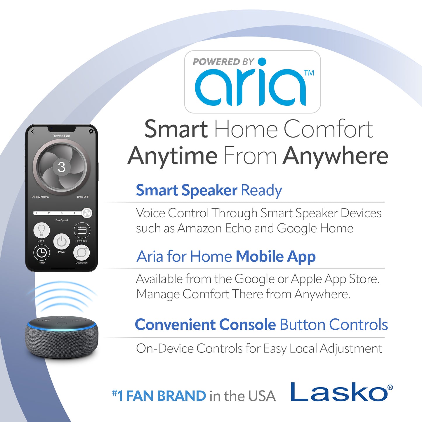Lasko 40" Smart Tower Fan: Oscillating, 5-Speed, Timer, Wi-Fi, White