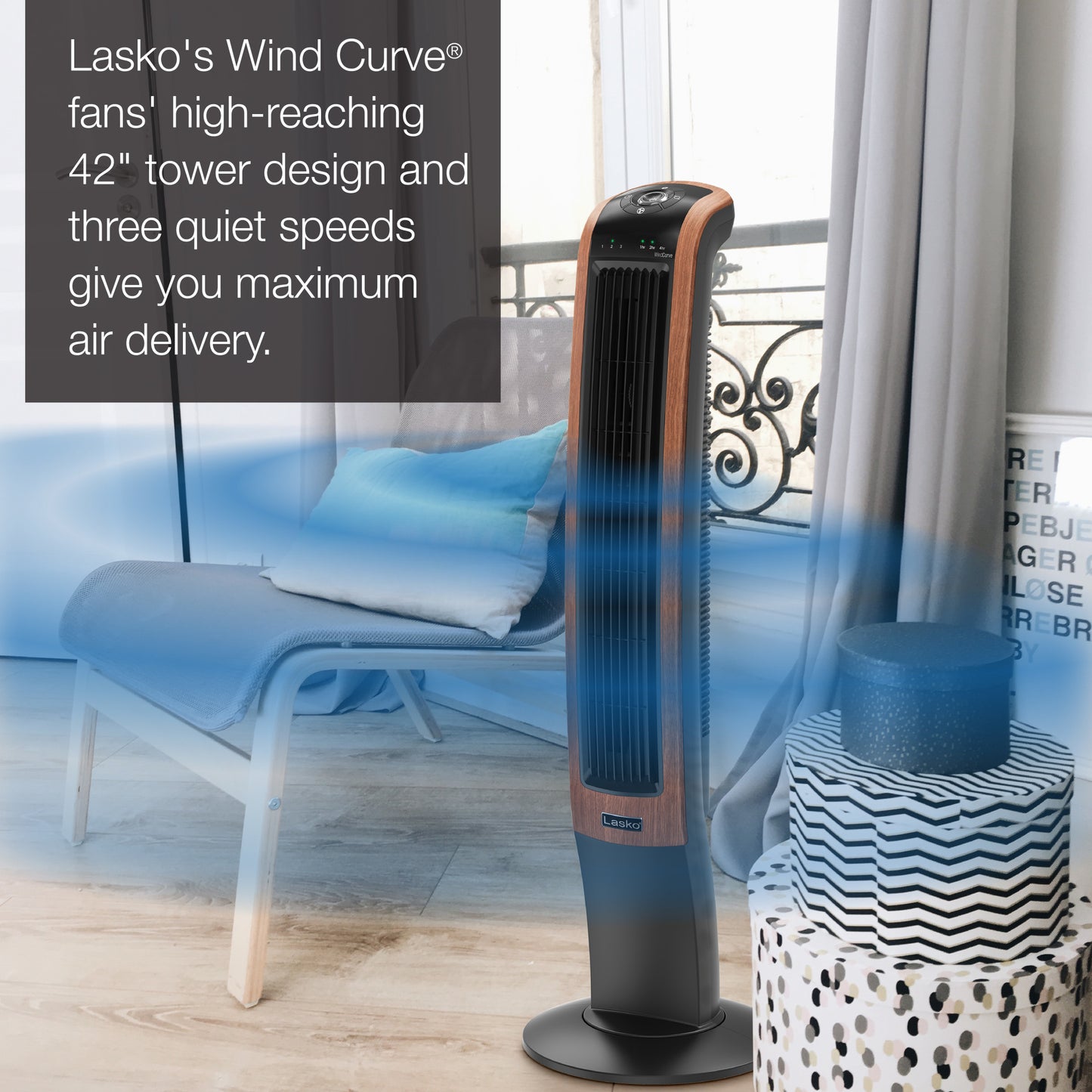 Lasko Wind Curve 42" Tower Fan: Oscillating, 3-Speed, Bluetooth, Timer, Black