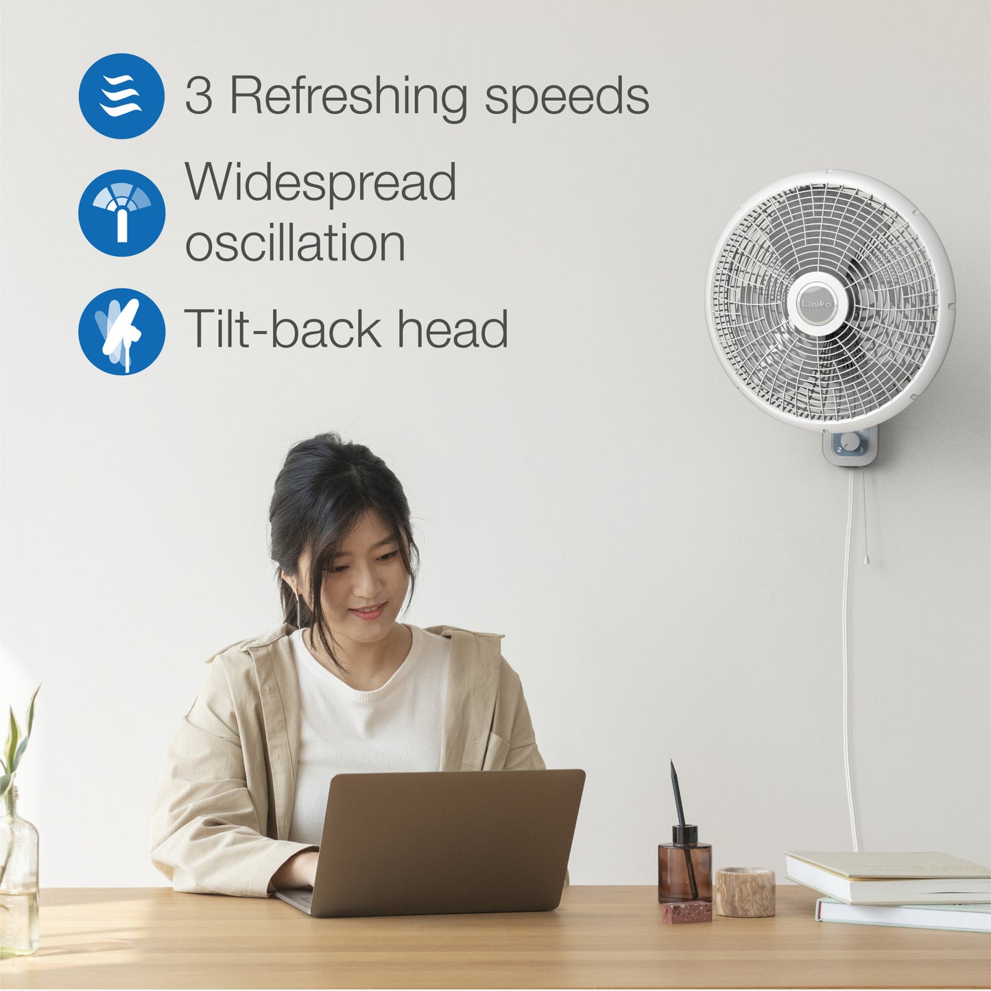 Lasko 16" Wall Mount Fan: Oscillating, 3-Speed, Tilting Head, White