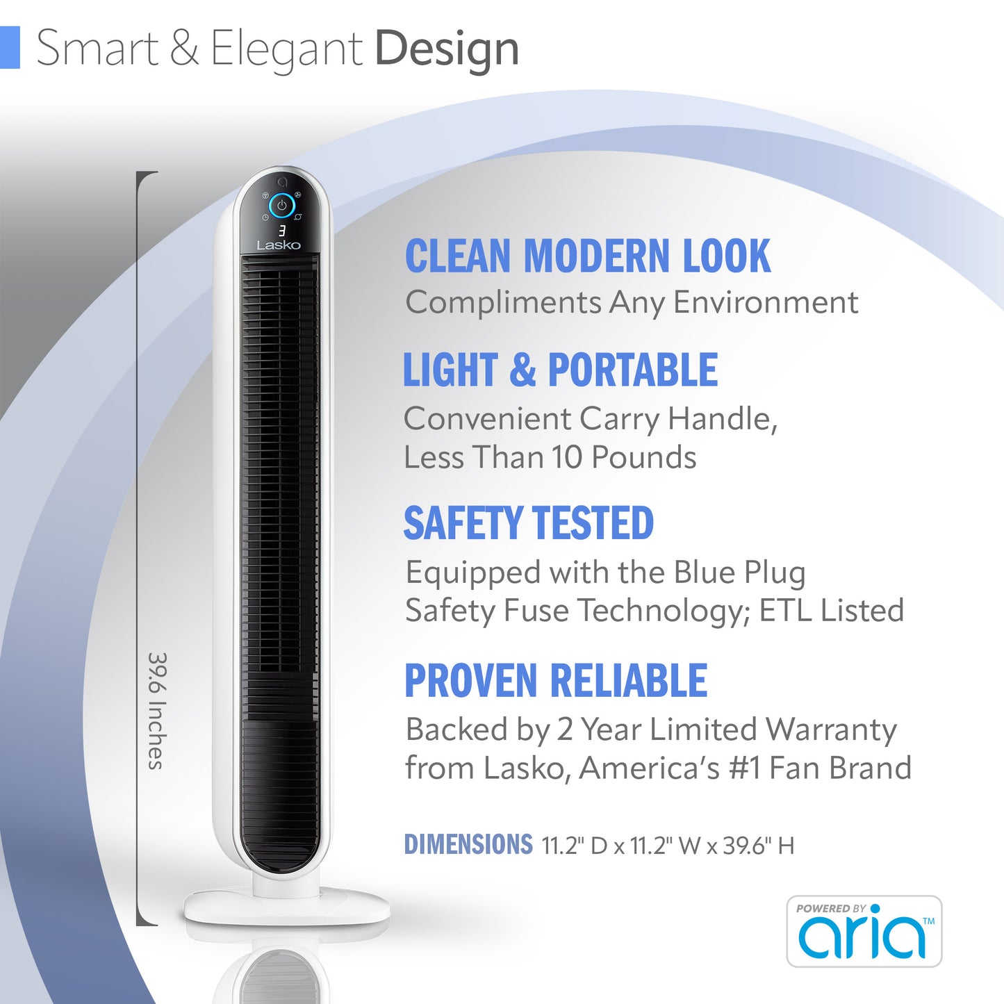 Lasko 40" Smart Tower Fan: Oscillating, 5-Speed, Timer, Wi-Fi, White