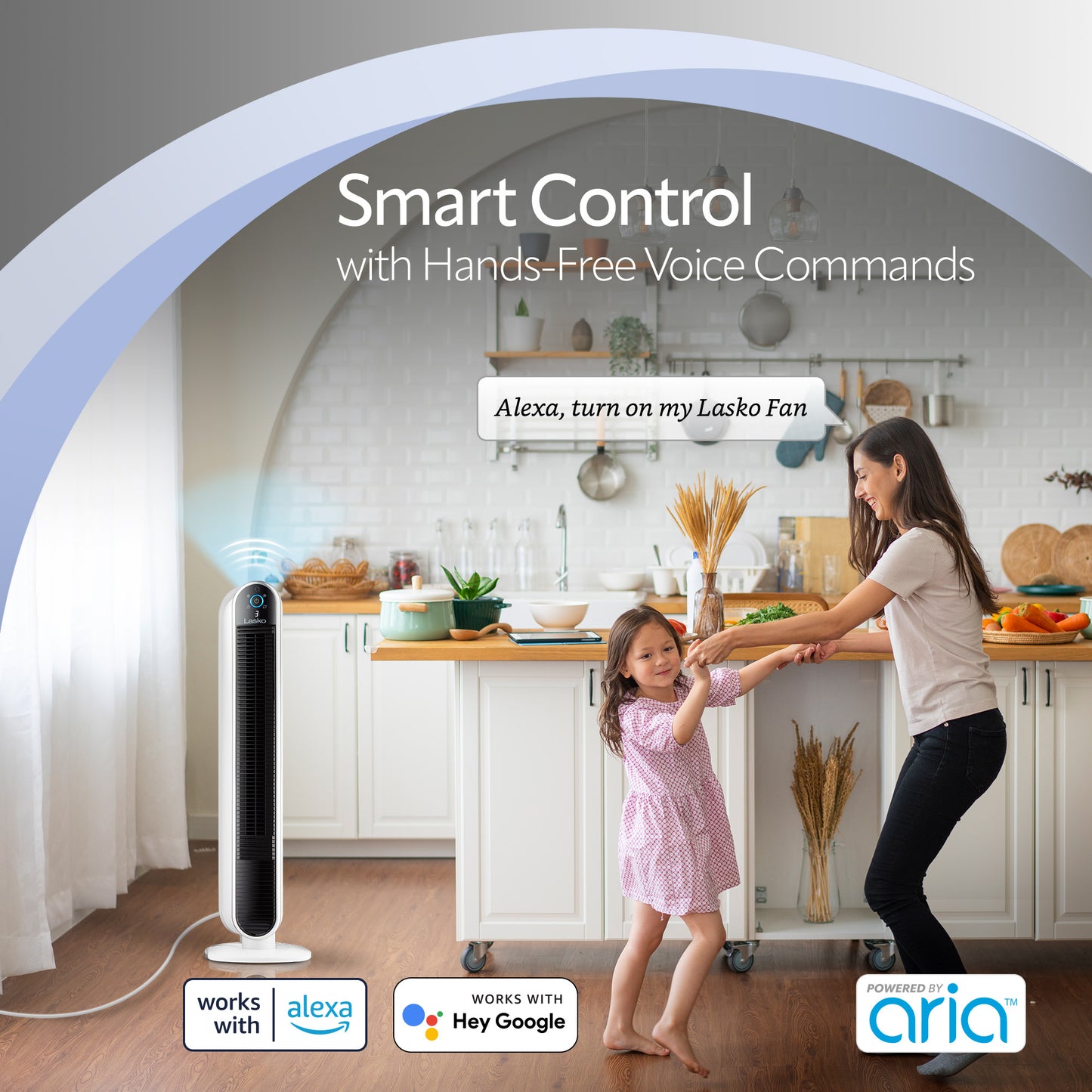 Lasko 40" Smart Tower Fan: Oscillating, 5-Speed, Timer, Wi-Fi, White