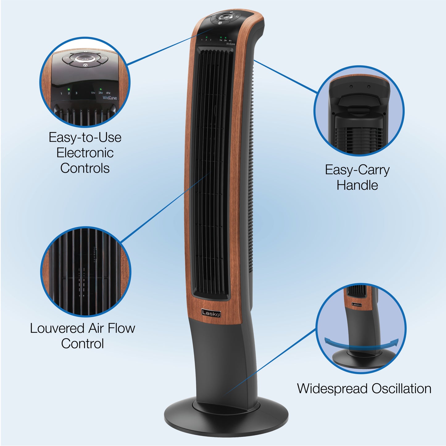 Lasko Wind Curve 42" Tower Fan: Oscillating, 3-Speed, Bluetooth, Timer, Black