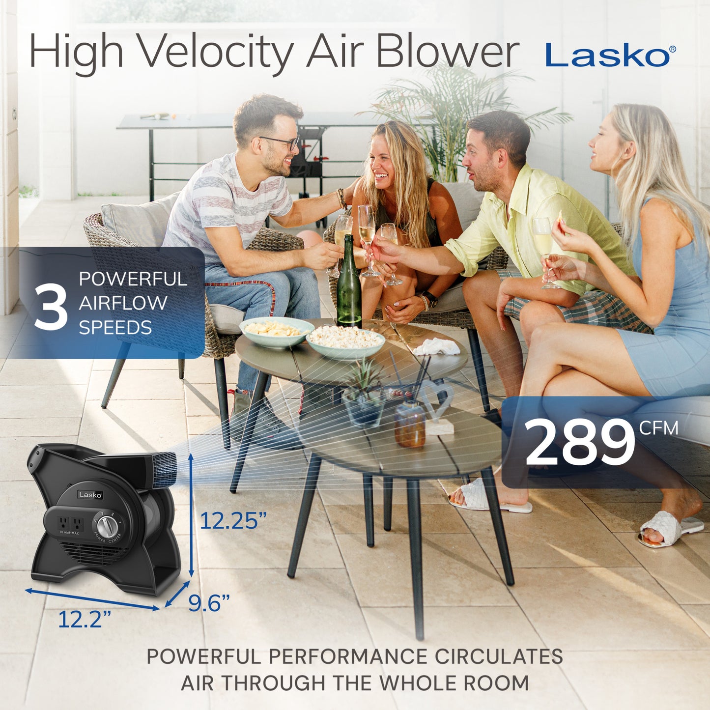Lasko 12" Air Mover Blower Fan: 3-Speed, High Velocity, 2 Outlets, Pivoting, Black