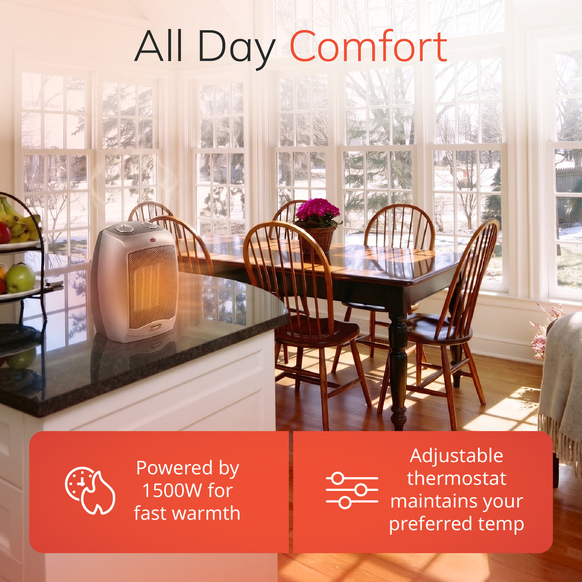 Lasko 9" Ceramic Space Heater: 2 Heat Settings, Tip-Over Switch, Thermostat