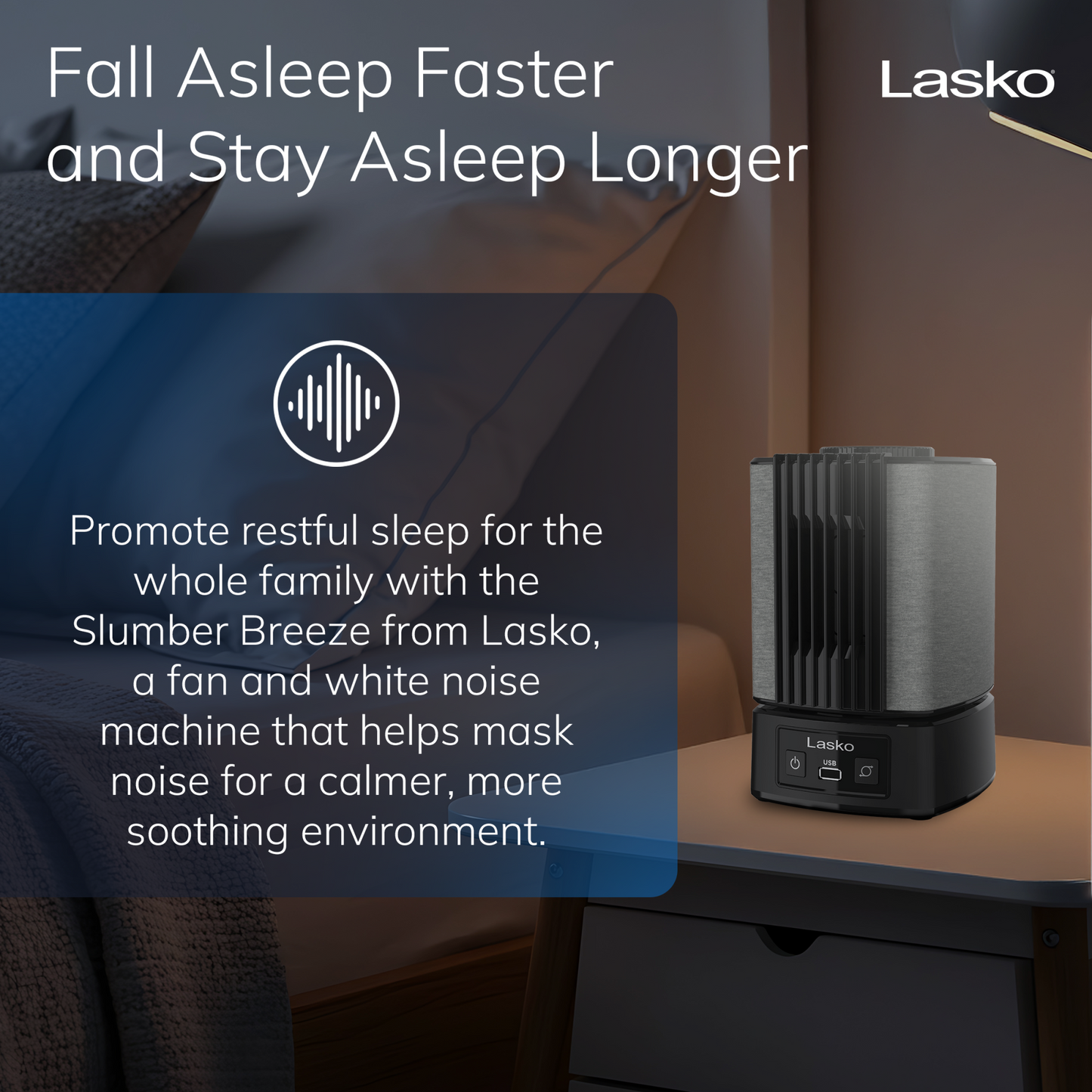 Lasko SlumberBreeze 8" Table Fan with White Noise: Oscillating, 2-Speed, Black