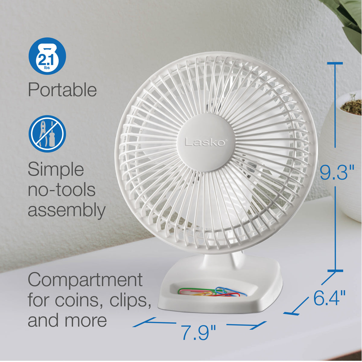 Lasko 6" Personal Table Fan: 2-Speed, Tilting Head, Storage Tray